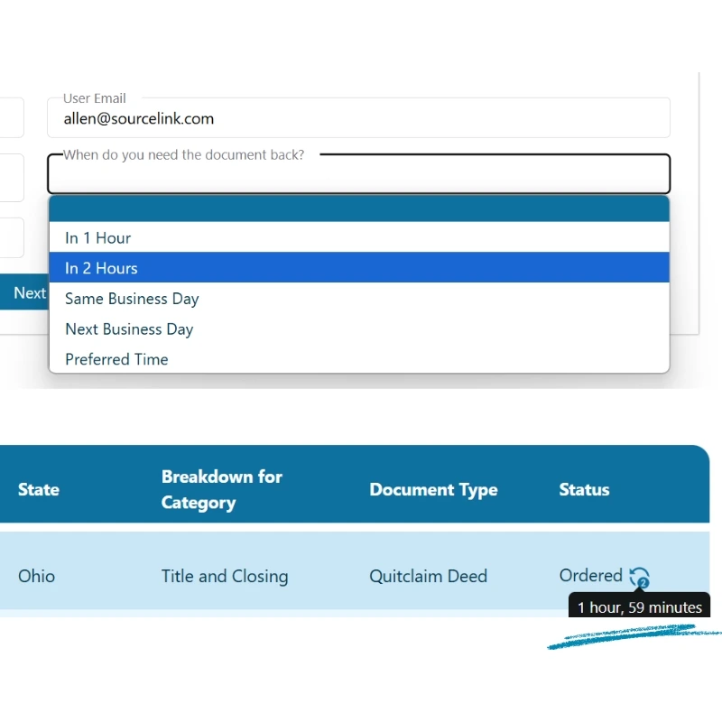 Document delivery scheduling dropdown showing flexible time options from 1 hour to preferred time for real estate documents