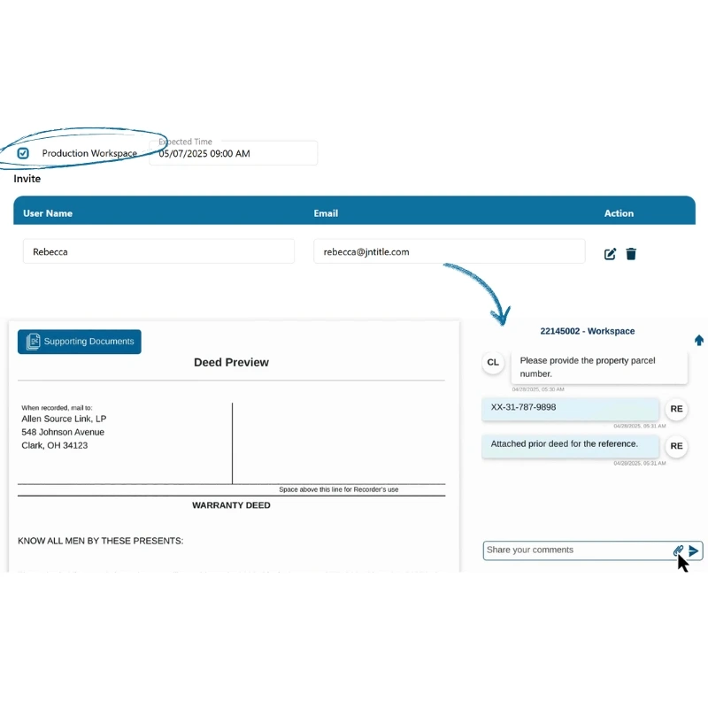 Production workspace interface showing deed preview, supporting documents section, and collaboration comments for real estate transaction management