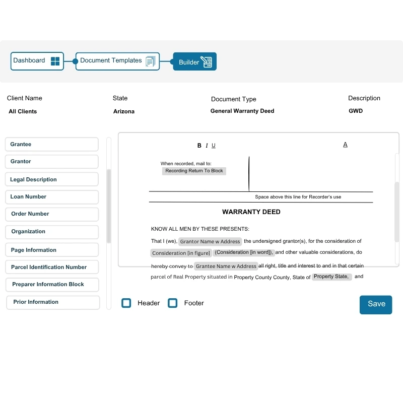 Real estate document template builder interface showing customizable legal document templates for attorneys and title agents