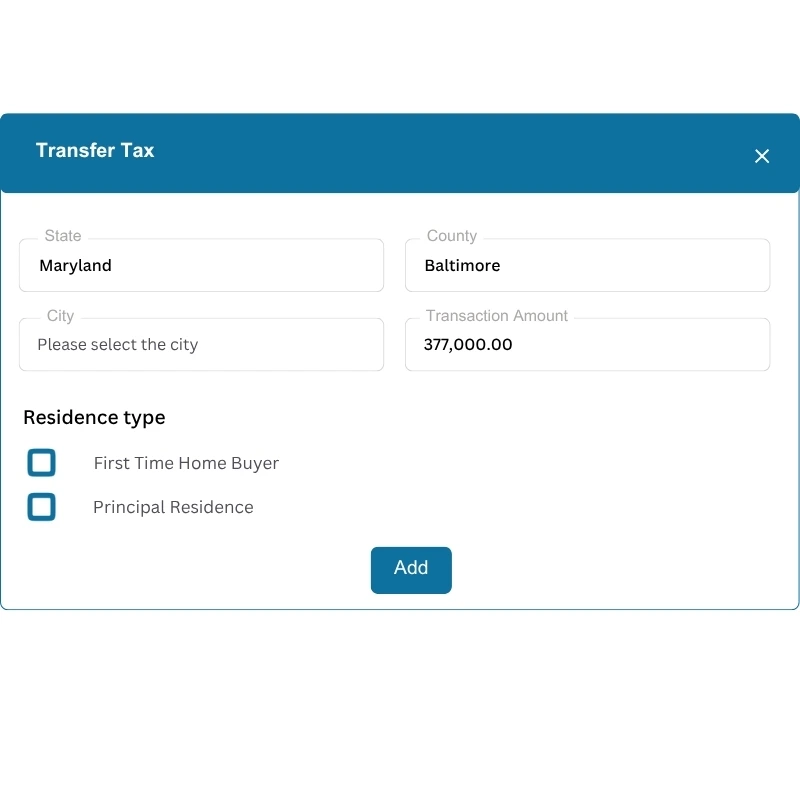 Real estate transfer tax calculator interface showing tax computation for property transactions 